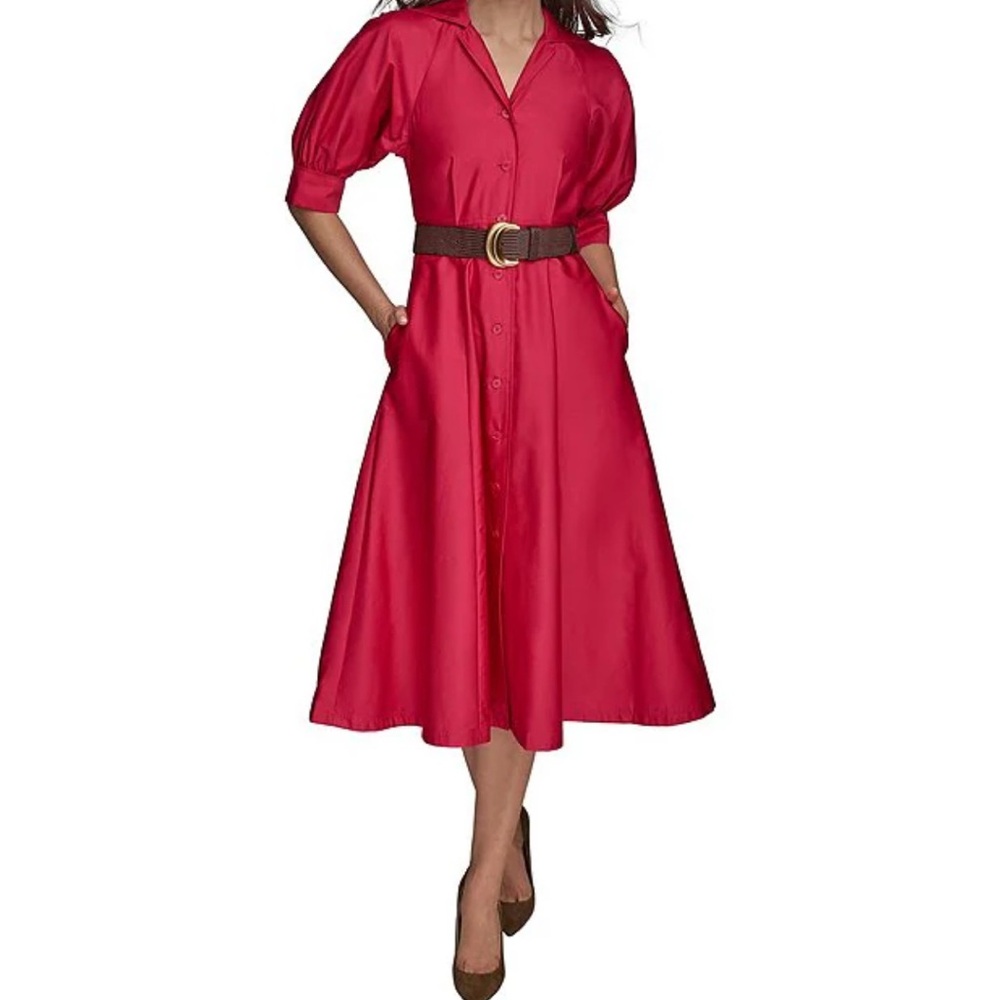 Donna Karan Elegant Fuchsia Belted Midi Dress